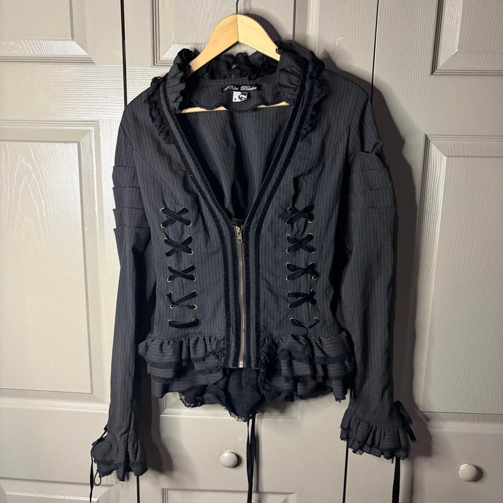 Spin Doctor Hot Topic Rare Lace Ruffle Pinstripe Goth Jacket Black Womens Large